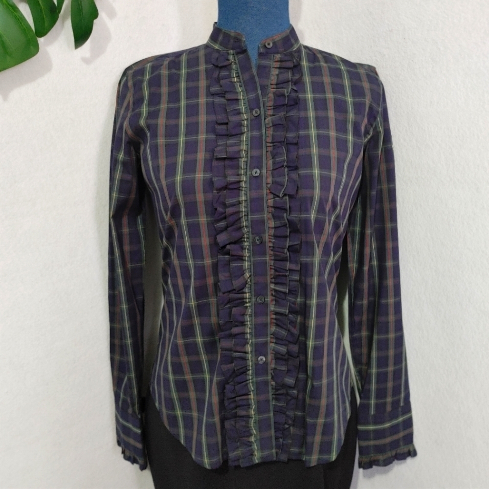 Chaps Blue Green Plaid Ruffle Front Button Down Shirt
